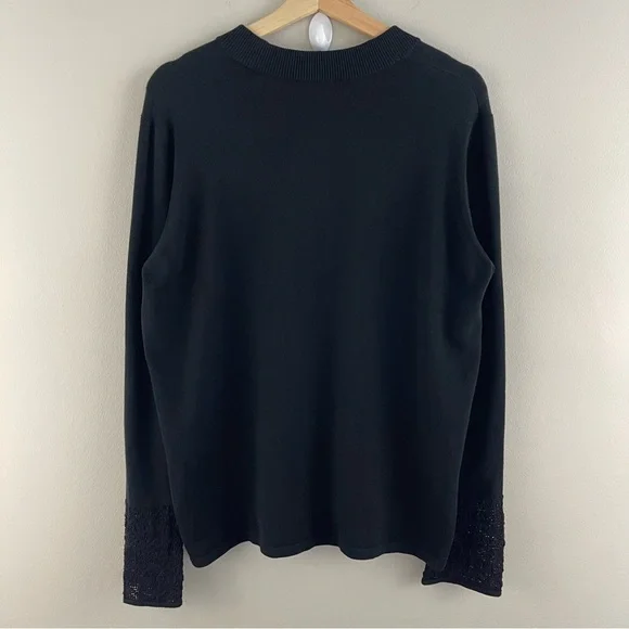 AKRIS PUNTO Women’s Black Cotton V Neck Casual Crochet Bell Sleeve Sweater - Picture 7 of 9